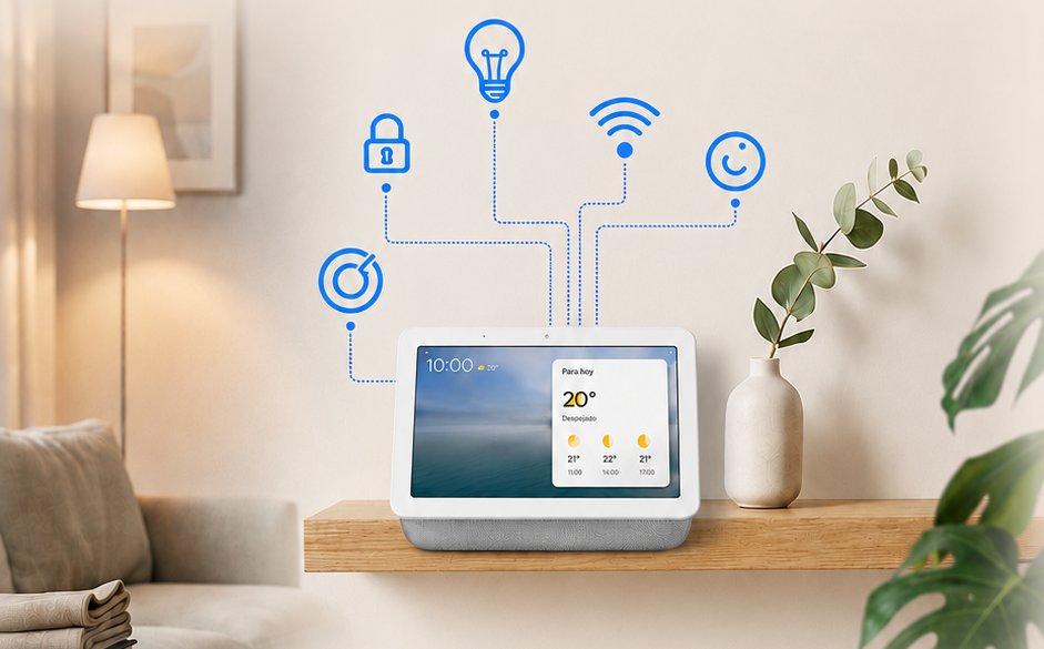 Living con una pantalla inteligente y los íconos de luz, cerradura y WiFi conectados